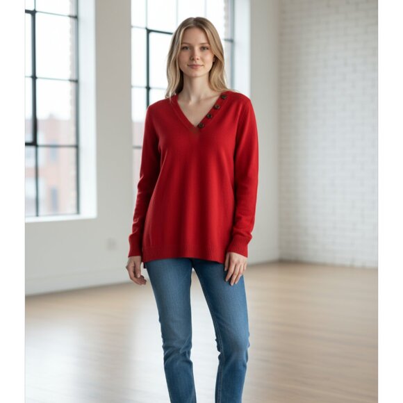 NWT Anthropologie Red Button V-Neck Sweater S - Picture 1 of 5